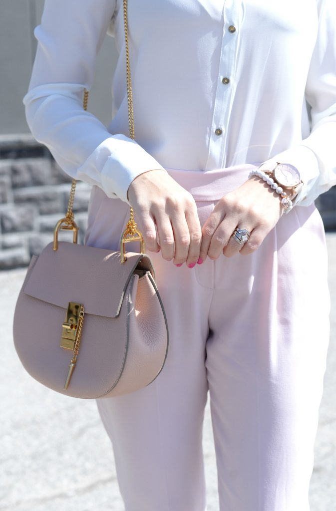 Pink pants, Aritzia pants, white blouse, pink sandals, joe fresh shoes, joe fresh sandals, Chloé Purse, gold heart necklace, Klasse 14 Watch, pink watch 