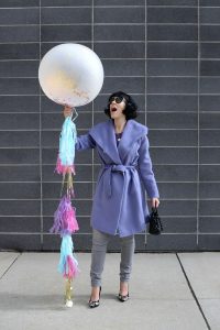 how to style a winter coat, how to pick an investment winter coat, Sentaler Winter Coat, Channers London, Karen Walker Sunglasses, Victoria Emerson Necklace, Ela Purse, Ron White Pumps, Purple Winter Coat, Sentaler Jacket