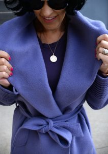 how to style a winter coat, how to pick an investment winter coat, Sentaler Winter Coat, Channers London, Karen Walker Sunglasses, Victoria Emerson Necklace, Ela Purse, Ron White Pumps, Purple Winter Coat, Sentaler Jacket
