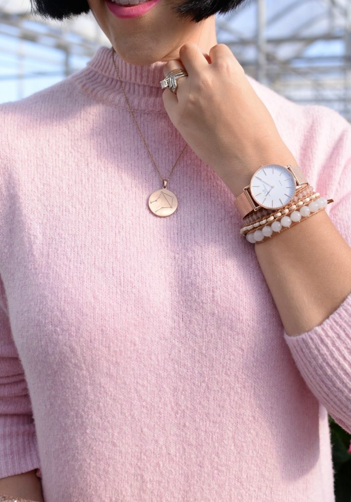 What Does Your Zodiac Sign Say About You?, Victoria Emerson Zodiac Collection, Victoria Emerson, Zodiac jewelry, zodiac jewellery, Canadian fashion blogger, pink banana republic dress, pink sweater dress, rose gold jewellery, pink ever new winter coat 