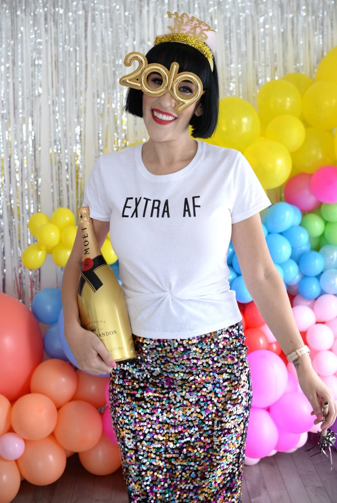 5 Things I’ve leaving in 2018, new years eve outfit, new year eve look, Zink Made tee, Extra AF tee, sparkly skirt