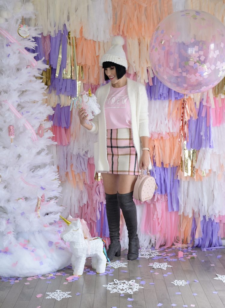 Zink Made Tee, Winter White Cardigan, comfy sweater, Banana Republic sweater, Lauren Conrad clothing, Cluse watch, Forever 21 Mini Skirt, Poppy & Peonies Purse, Over-The-Knee Boots, Steve Madden boots 