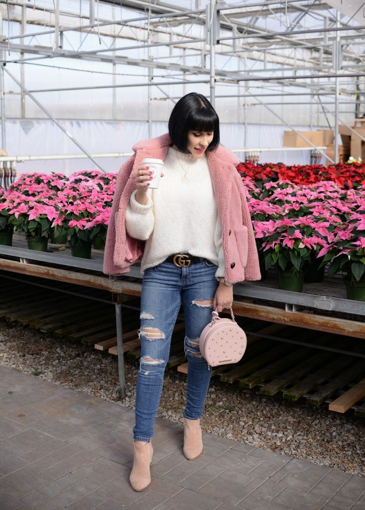 Pink Teddy Bear Coat, how to style a teddy bear coat, Pink zara jacket, how to wear a pink coat, how to style a pink jacket, White Zara Sweater, Victoria Emerson watch, Gucci Belt, Poppy & Peonies Purse, Vitoria Emerson necklace, Joes Jeans, Jeffrey Campbell Pearl Booties