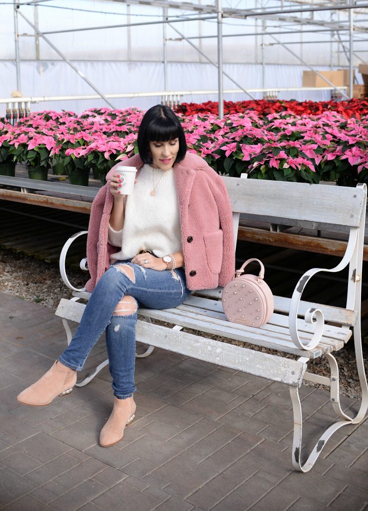 Pink Teddy Bear Coat, how to style a teddy bear coat, Pink zara jacket, how to wear a pink coat, how to style a pink jacket, White Zara Sweater, Victoria Emerson watch, Gucci Belt, Poppy & Peonies Purse, Vitoria Emerson necklace, Joes Jeans, Jeffrey Campbell Pearl Booties 