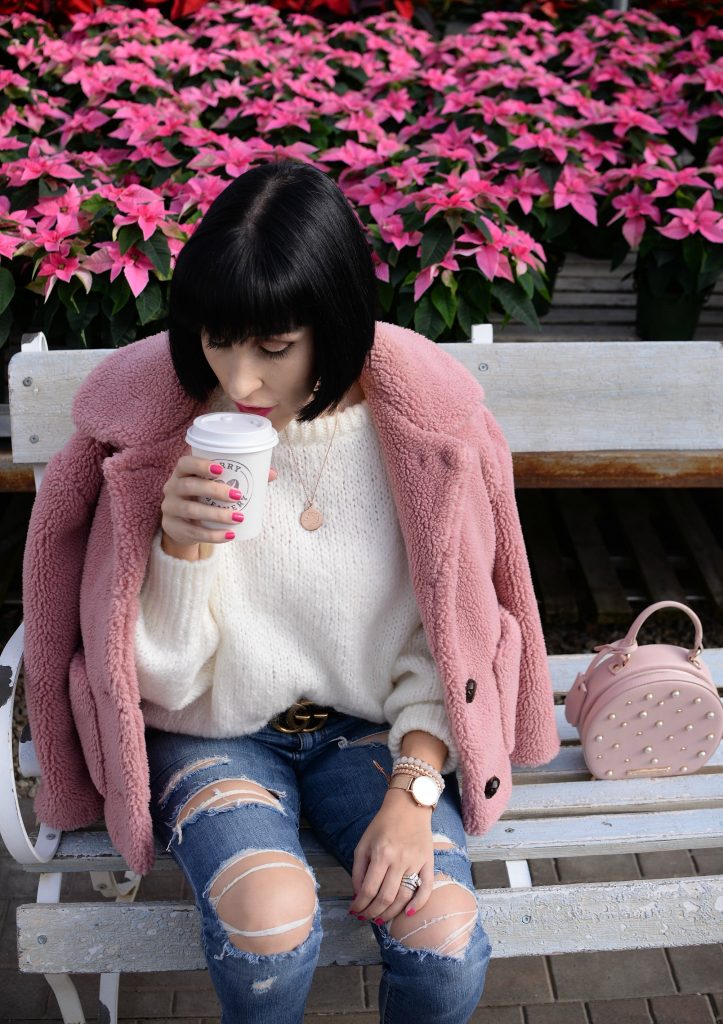 Pink Teddy Bear Coat, how to style a teddy bear coat, Pink zara jacket, how to wear a pink coat, how to style a pink jacket, White Zara Sweater, Victoria Emerson watch, Gucci Belt, Poppy & Peonies Purse, Vitoria Emerson necklace, Joes Jeans, Jeffrey Campbell Pearl Booties 
